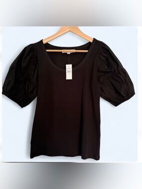 NWT LOFT Black Puff Sleeve Scoop Neck Top Size Medium